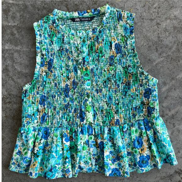 Zara Tops - Zara Smocked Floral Peplum Top Button Front Sleeveless Blouse Size M